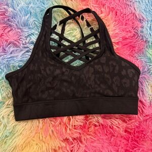 Bebe Sport Womens Black Leopard Print Strappy Lattice Front Sports Bra